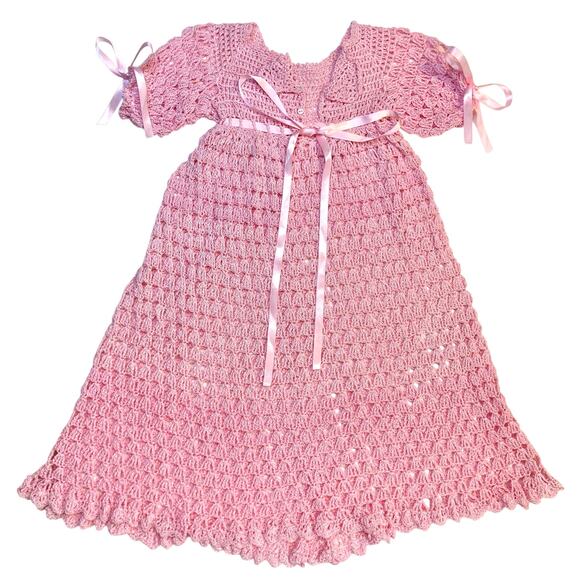 Other - Light Pink Handmade Crochet Lace Ribbon Bow Button Christening Gown Formal Dress